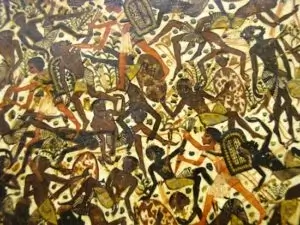 صحنه جنگ پر هرج و مرج روی جعبه نقاشی شده از مقبره توت عنخ آمون (New Kingdom) موزه مصر، قاهره؛ 